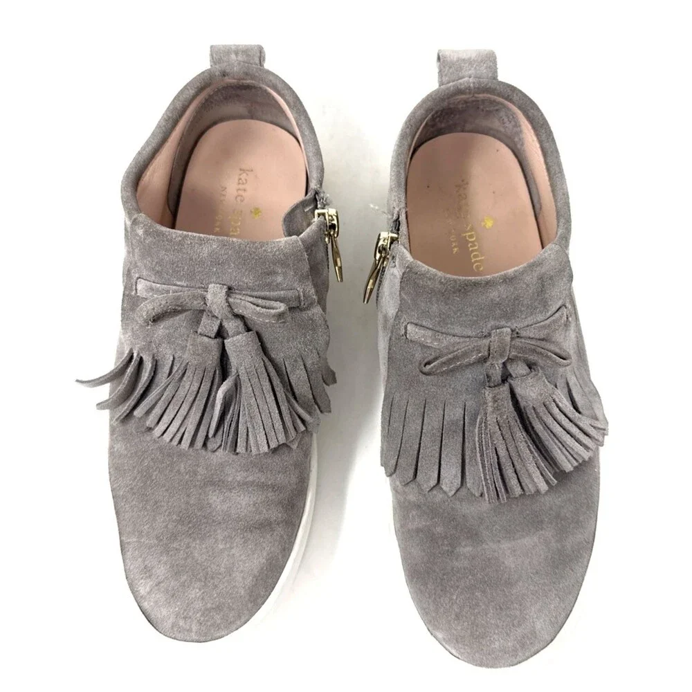 Kate Spade Suede Lenna Sneakers Womens Sz 6 Gray Kiltie Fringe Tassel Side Zip